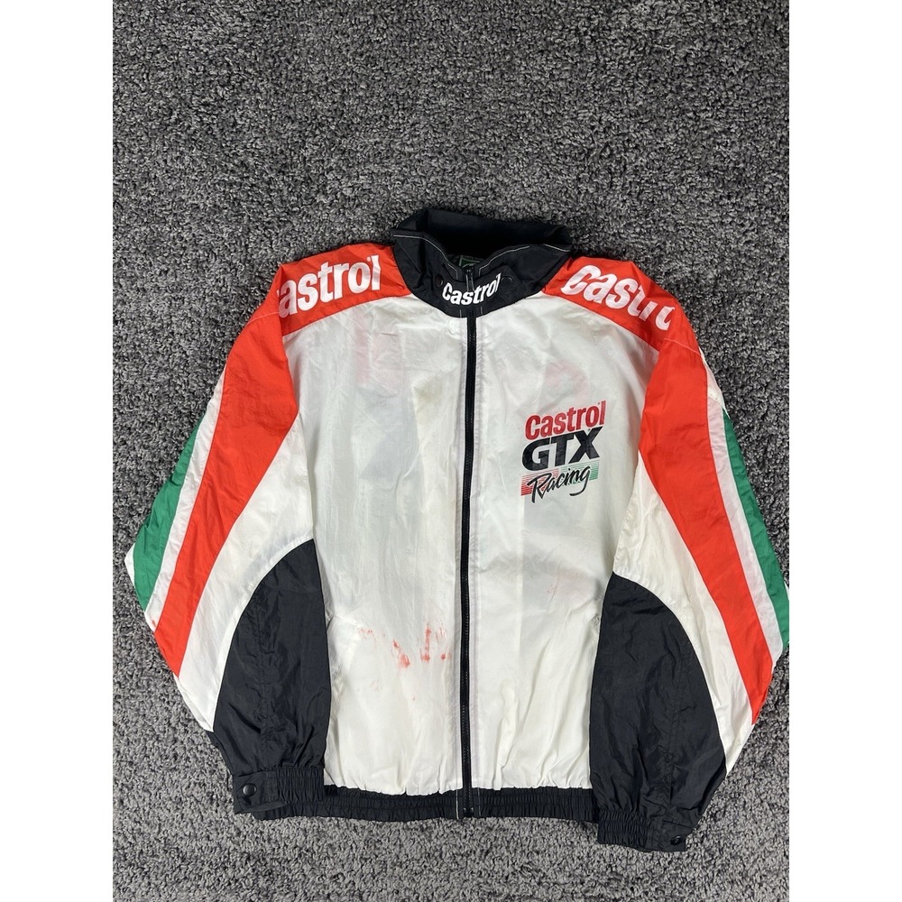 Vintage Castrol GTX Racing Jacket Mens XL White Multicolor Windbreaker 90s STAIN